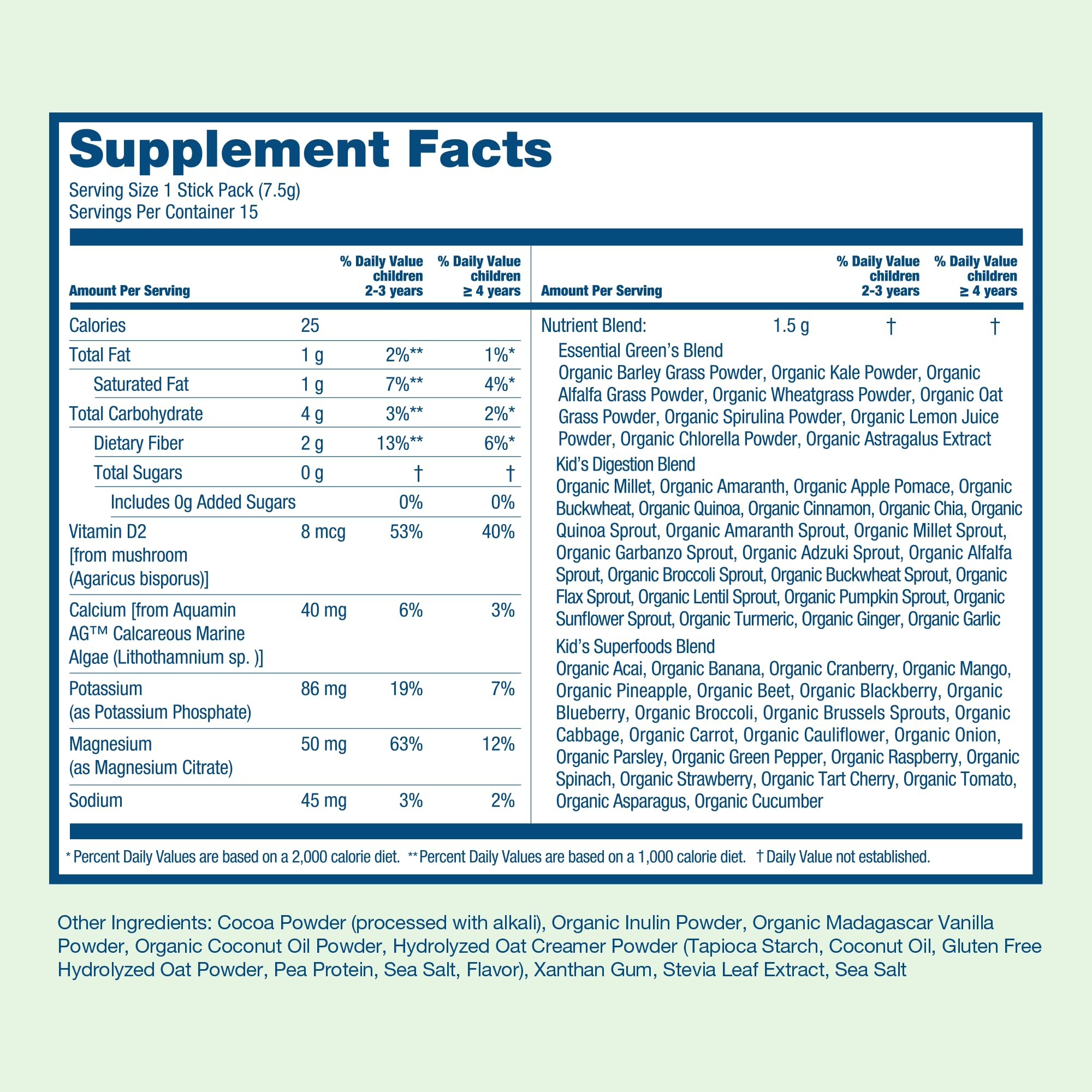 HIYA Kids Greens Powder chocolate in smoothie form for tasty nutrition.