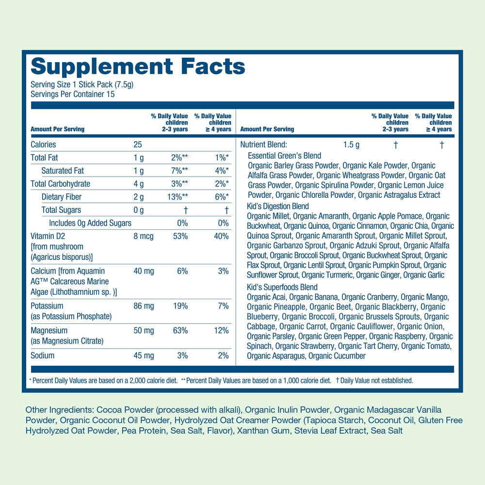 HIYA Kids Greens Powder chocolate in smoothie form for tasty nutrition.