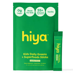 HIYA Kids Greens Powder Sticks vanilla tub, a kid-friendly nutrition boost for growing bodies.