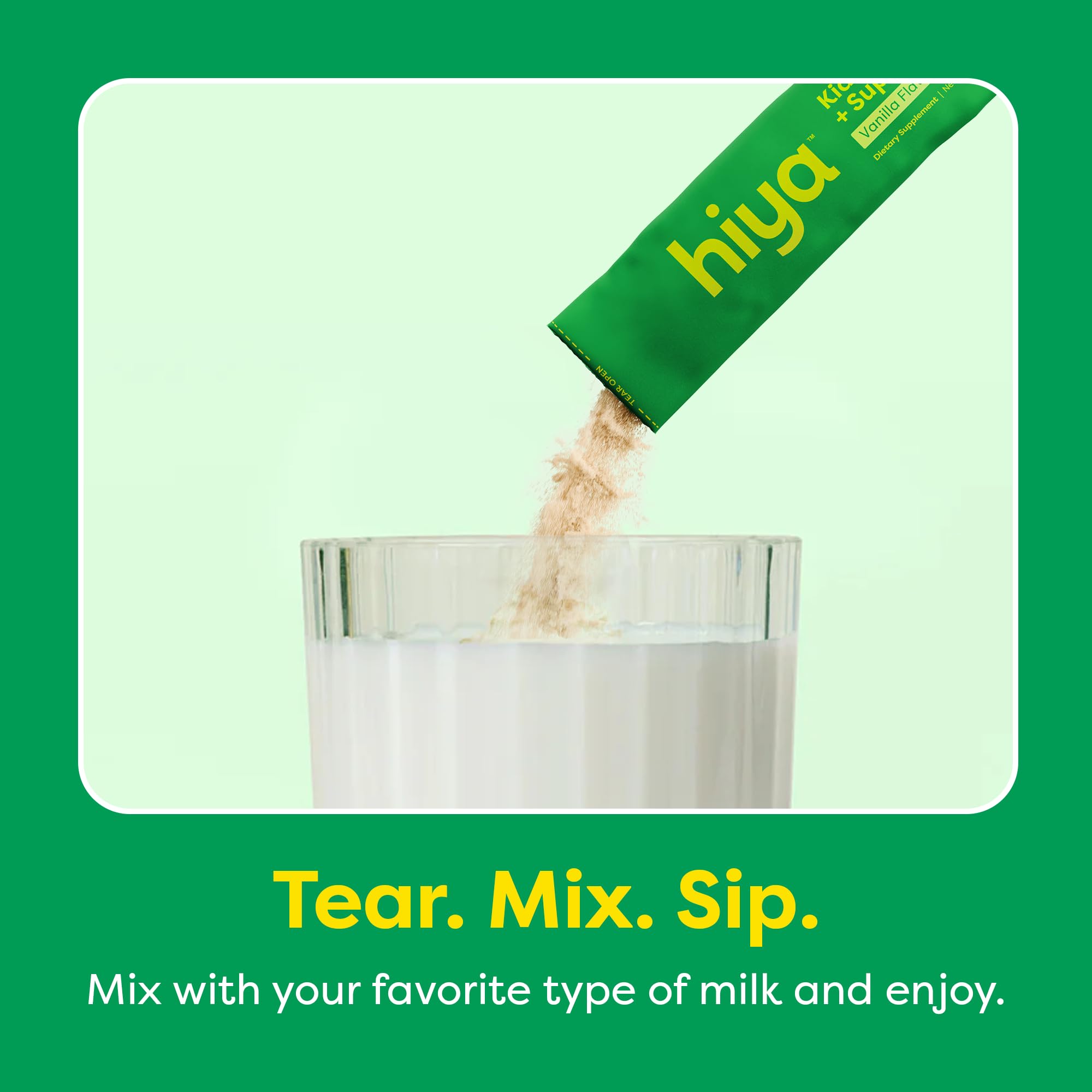 HIYA Kids Greens vanilla flavor from stevia blends smoothly into smoothies.