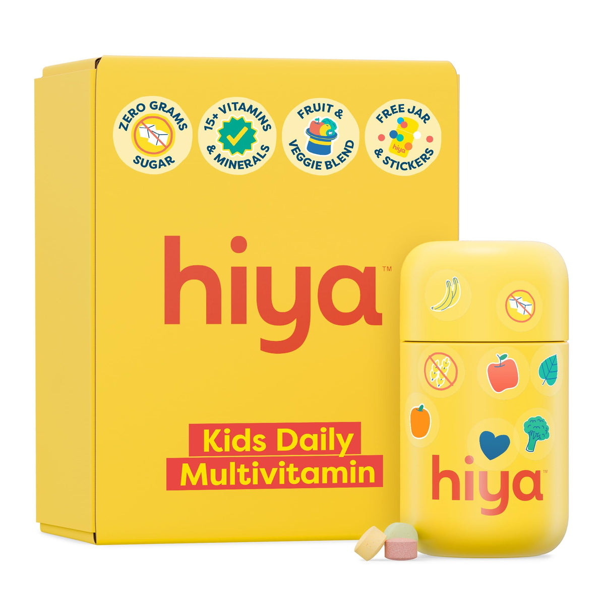 HIYA Kids Multivitamin bottle front view highlighting sugar-free nutrition for growing kids.