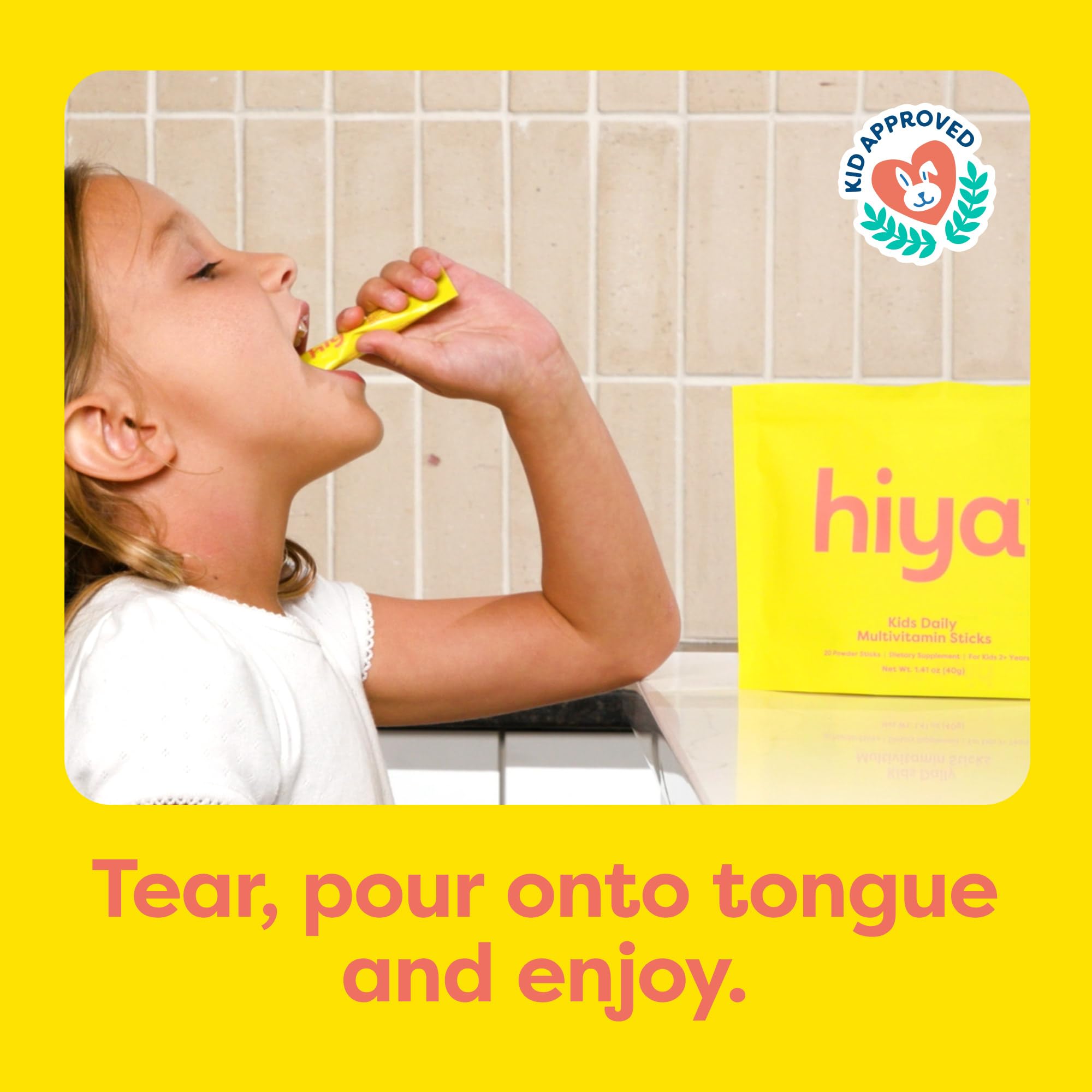 Hiya Kids Multivitamin poured on tongue shows sugar-free kid-friendly intake.