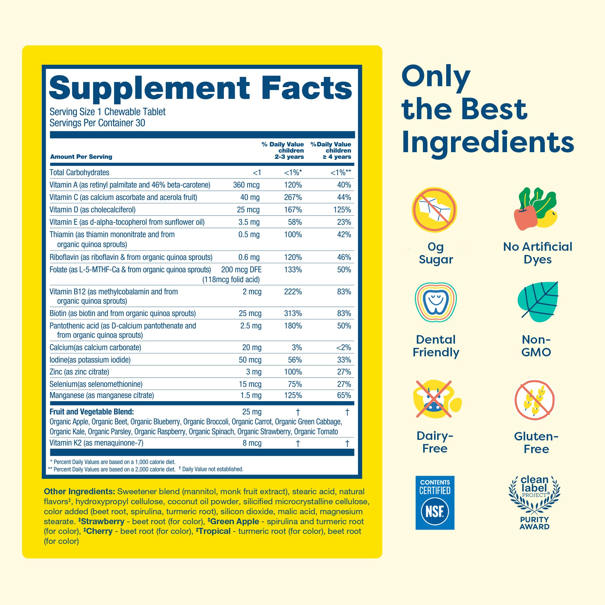 Close-up of HIYA Kids Multivitamin tablets with colorful, kid-friendly texture.