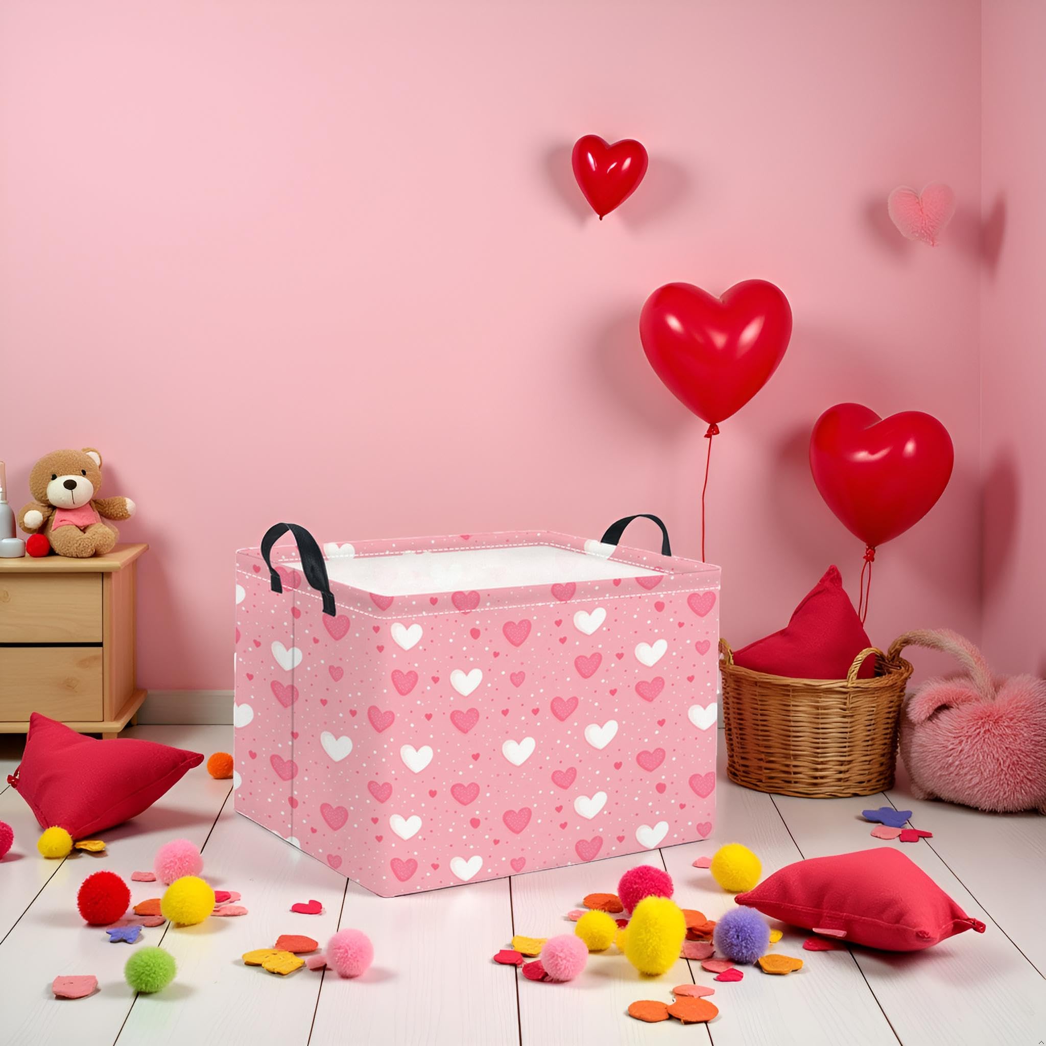 HIYAGON pink hearts decor basket enhances bedroom decor while keeping toys organized.