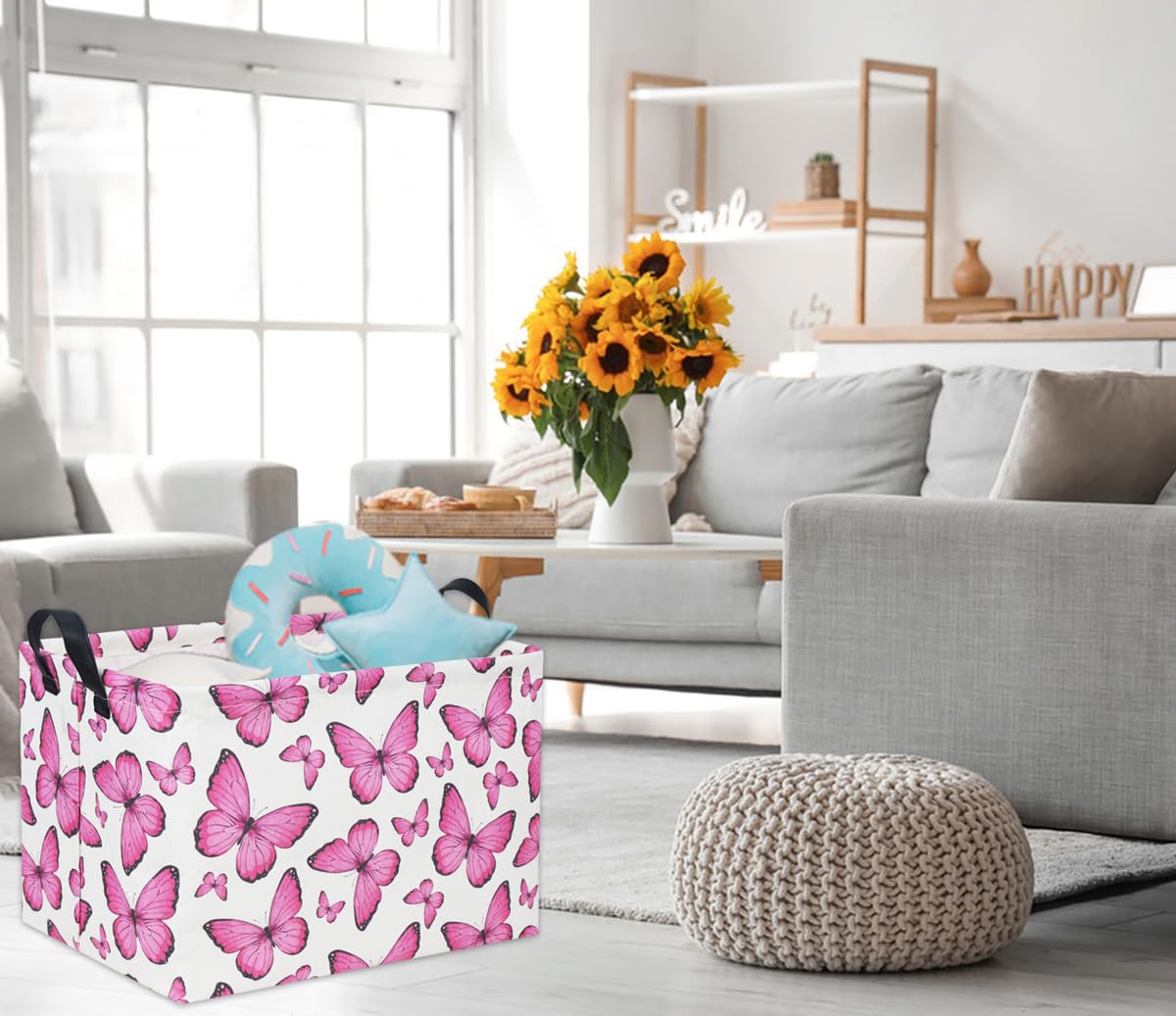 HIYAGON rectangular butterfly pink basket filled with books and art supplies