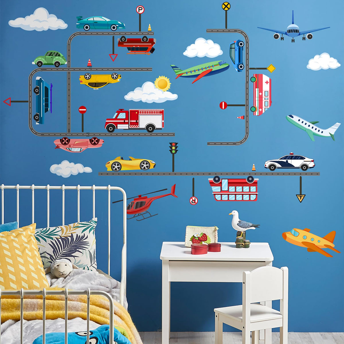 HJKlove airplane car road wall sticker for kids room with colorful vehicles and roads