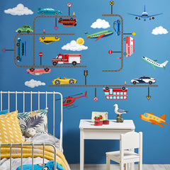 HJKlove airplane car road wall sticker for kids room with colorful vehicles and roads