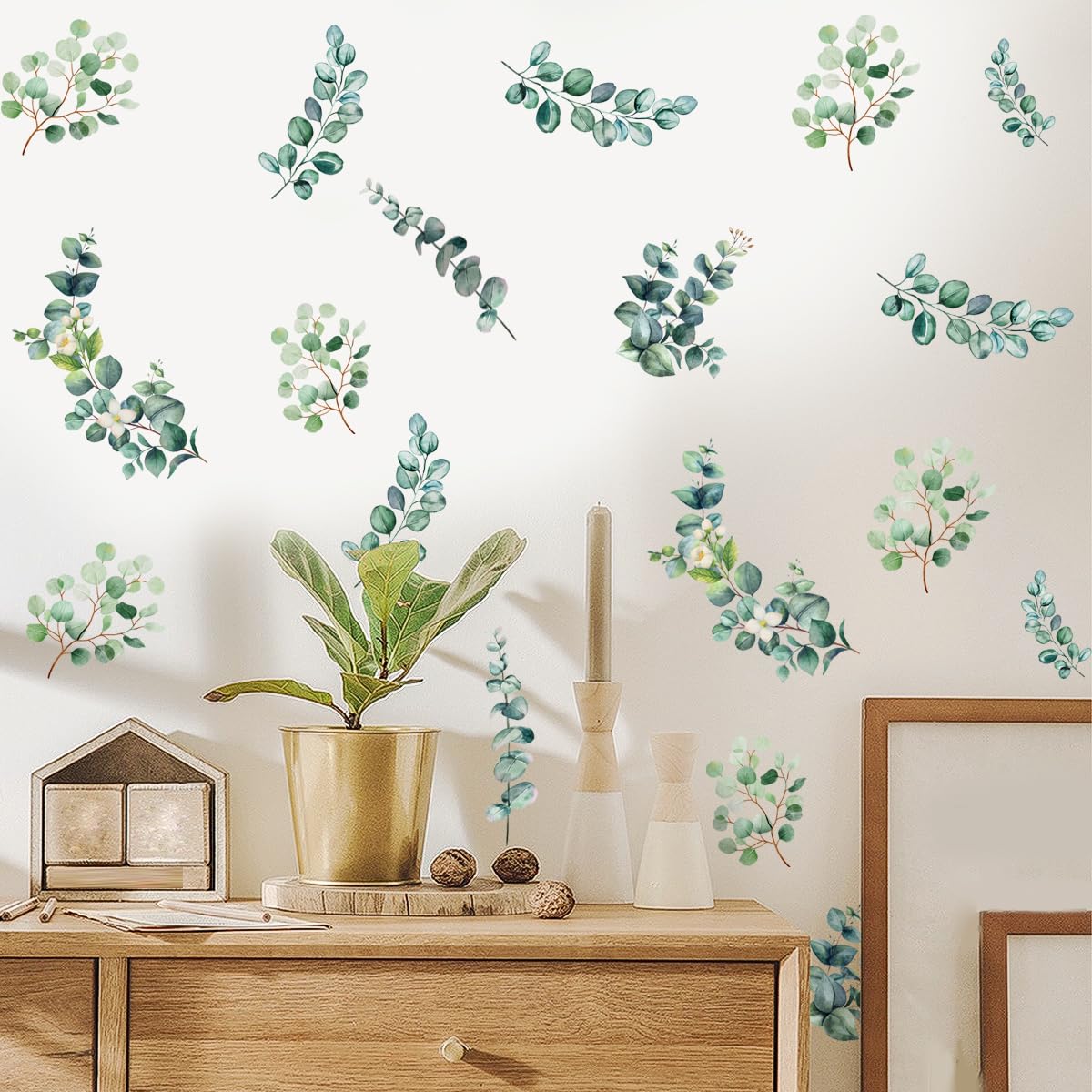 HJKlove self-adhesive eucalyptus decal provides reusable decor without residue.