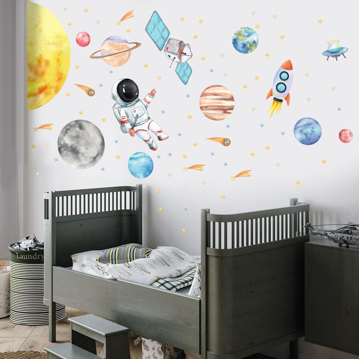HJKlove space rocket and planets wall decal kit offers removable decor options