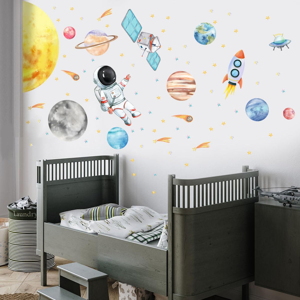 HJKlove space rocket and planets wall decal kit offers removable decor options