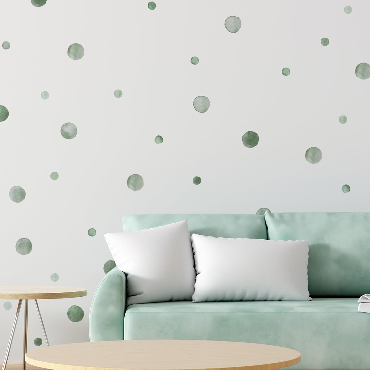 HJKlove watercolour dots wall sticker in green creates a playful focal wall for kids' rooms.