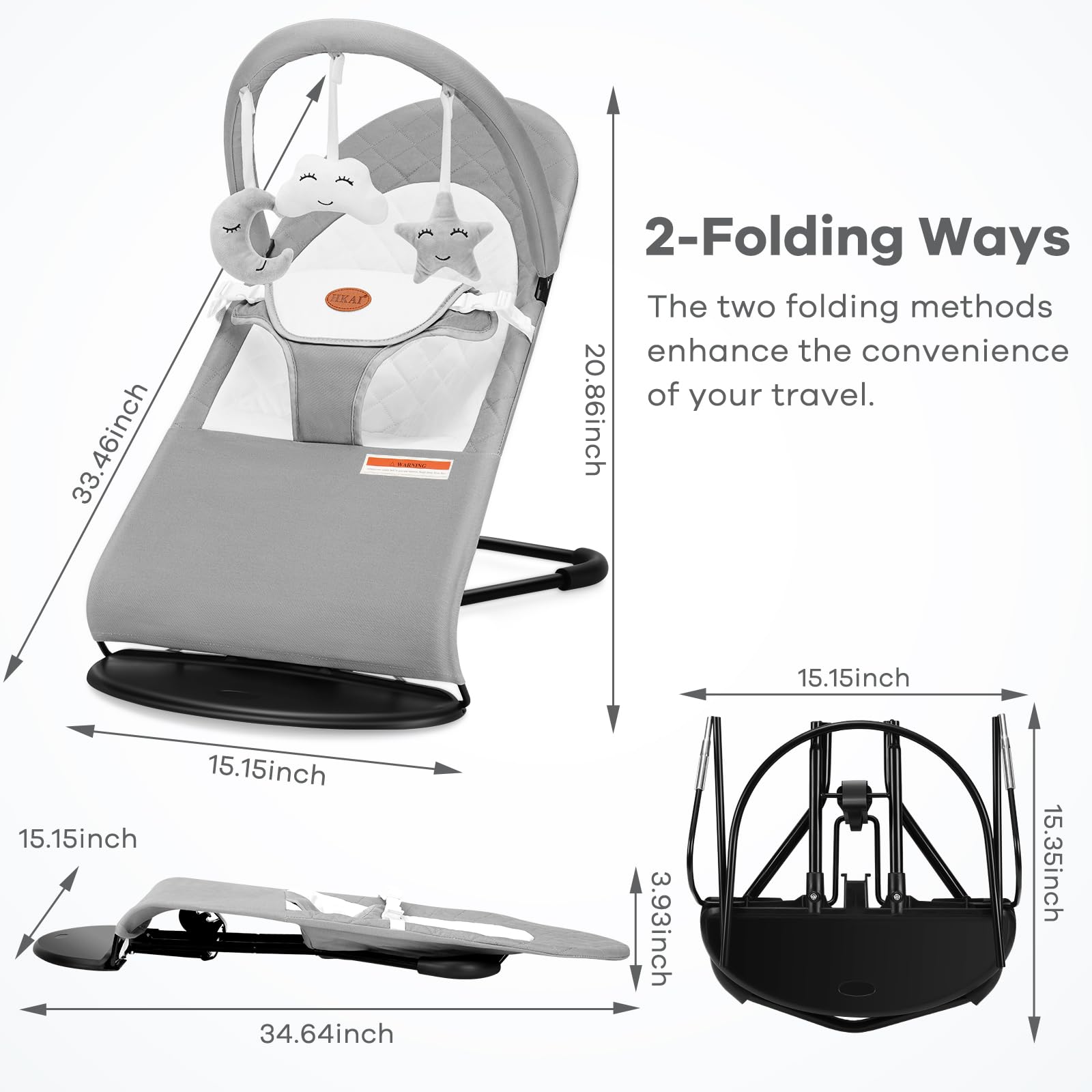 HKAI Baby Bouncer 3-point harness keeps baby secure in comfortable positions