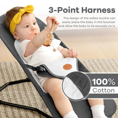 HKAI Baby Bouncer with hanging toys for visual engagement.