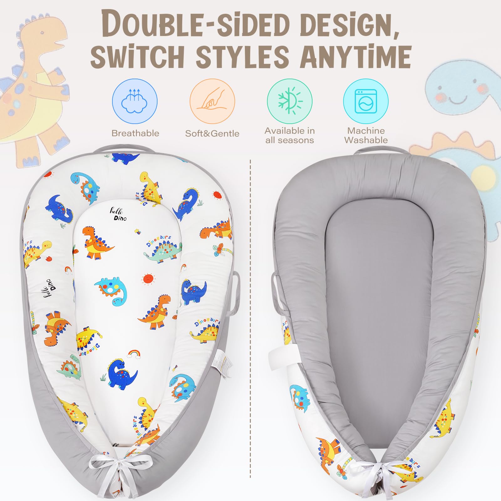 HKAI Baby Lounger adjustable size with drawstring for growing infants' snug fit.