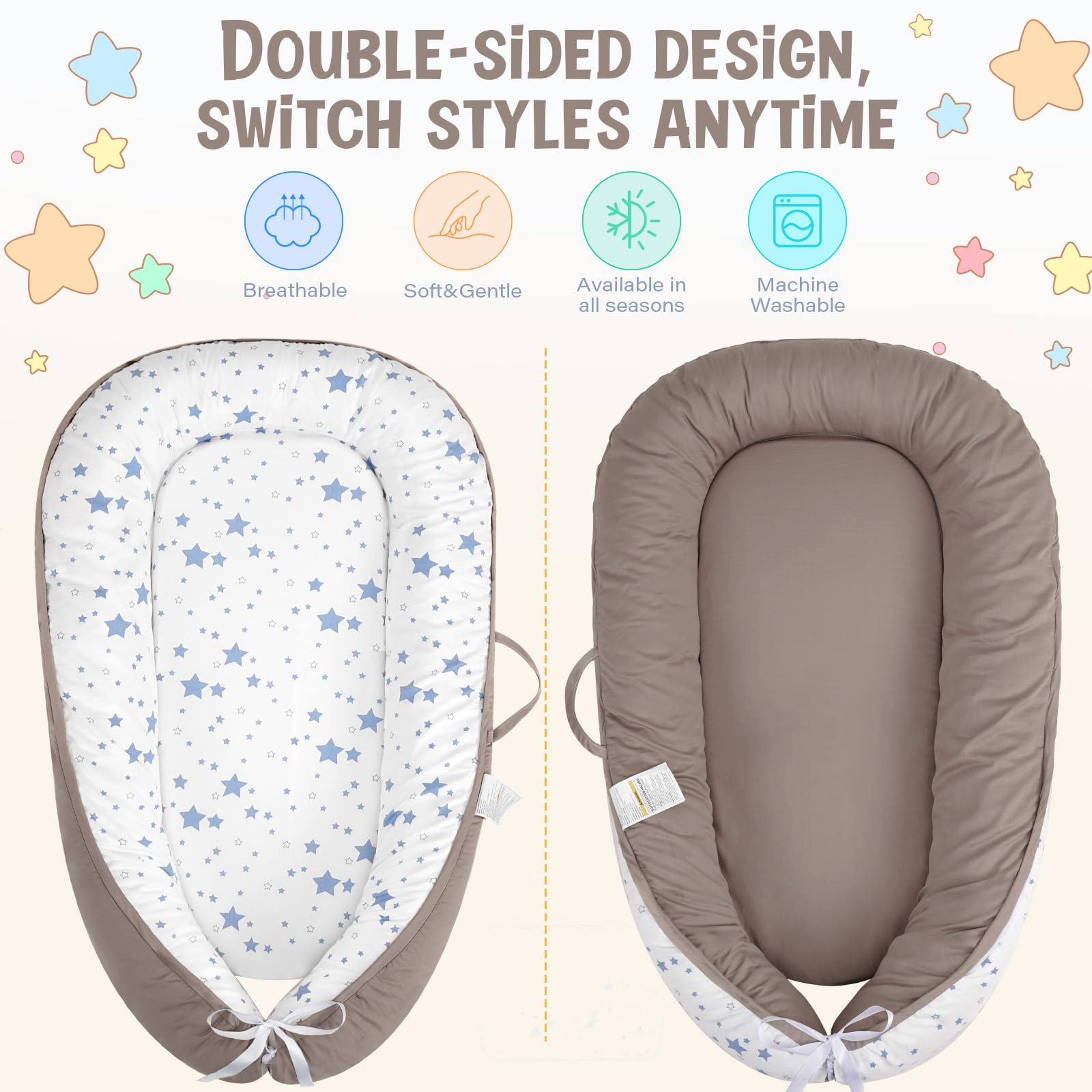 HKAI Baby Lounger showing adjustable size via drawstring for growing infants