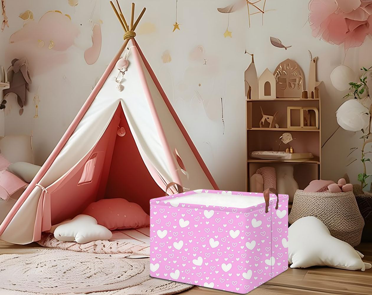 HKEC Collapsible Kids Toys Bin pink Full Love in-shelf use keeps shelves tidy
