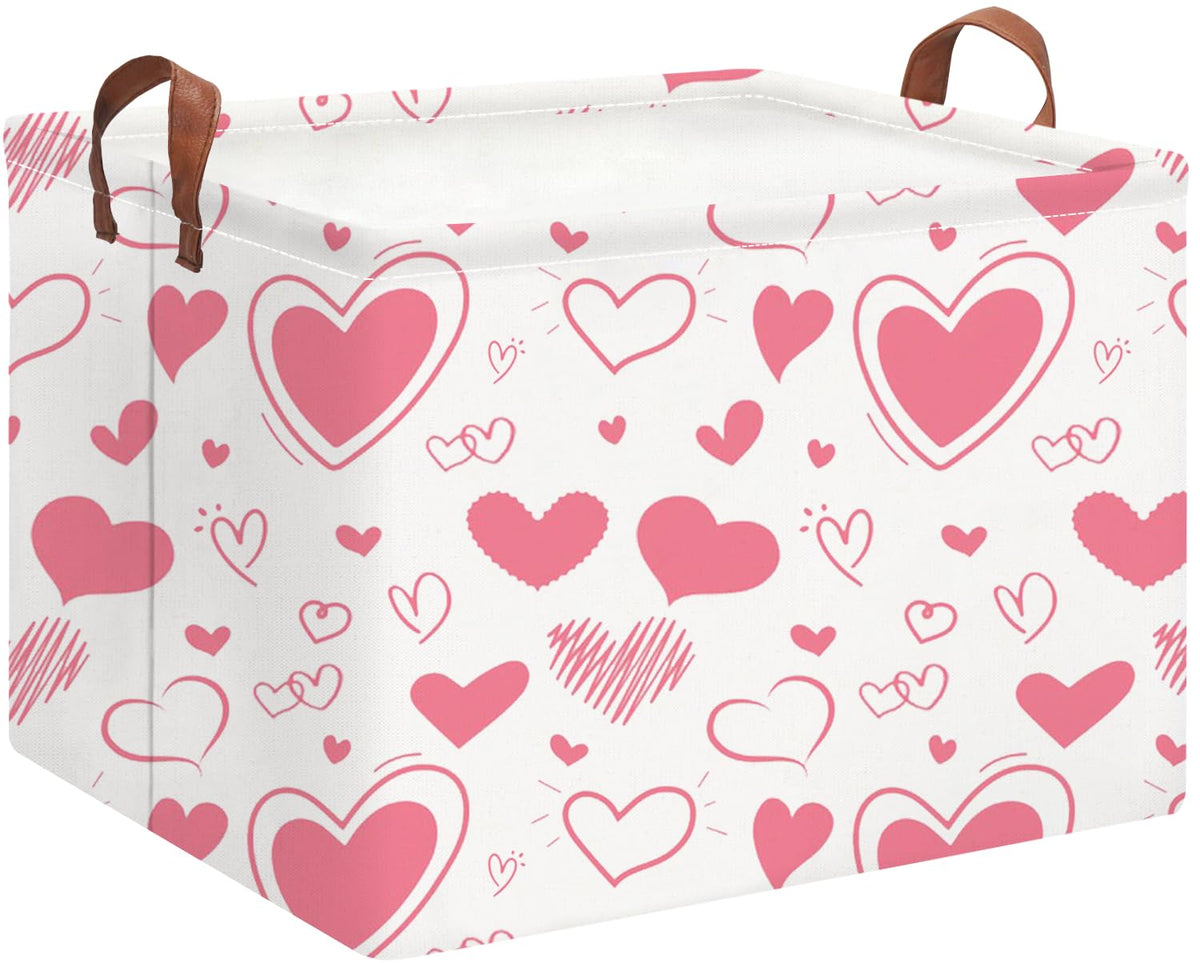 HKEC rectangle pink gift basket front view with heart design and handles for toy organization