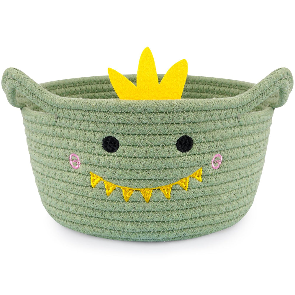 Hkojewp dino-face embroidery adds playful charm to a small nursery basket for decor.