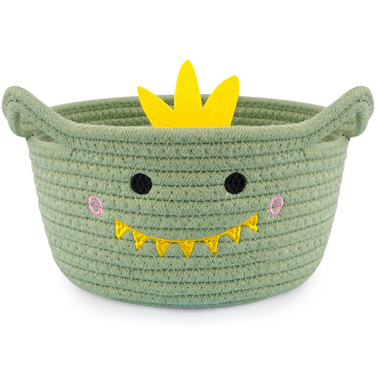 Hkojewp dino-face embroidery adds playful charm to a small nursery basket for decor.