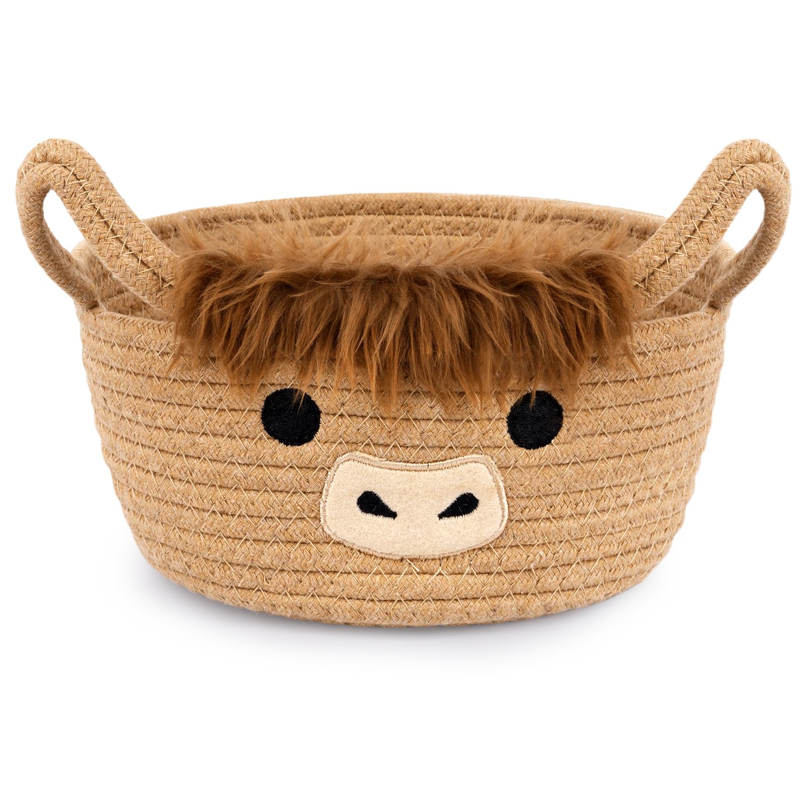 Hkojewp Highland Cow Basket with ears handles, ready for nursery storage.