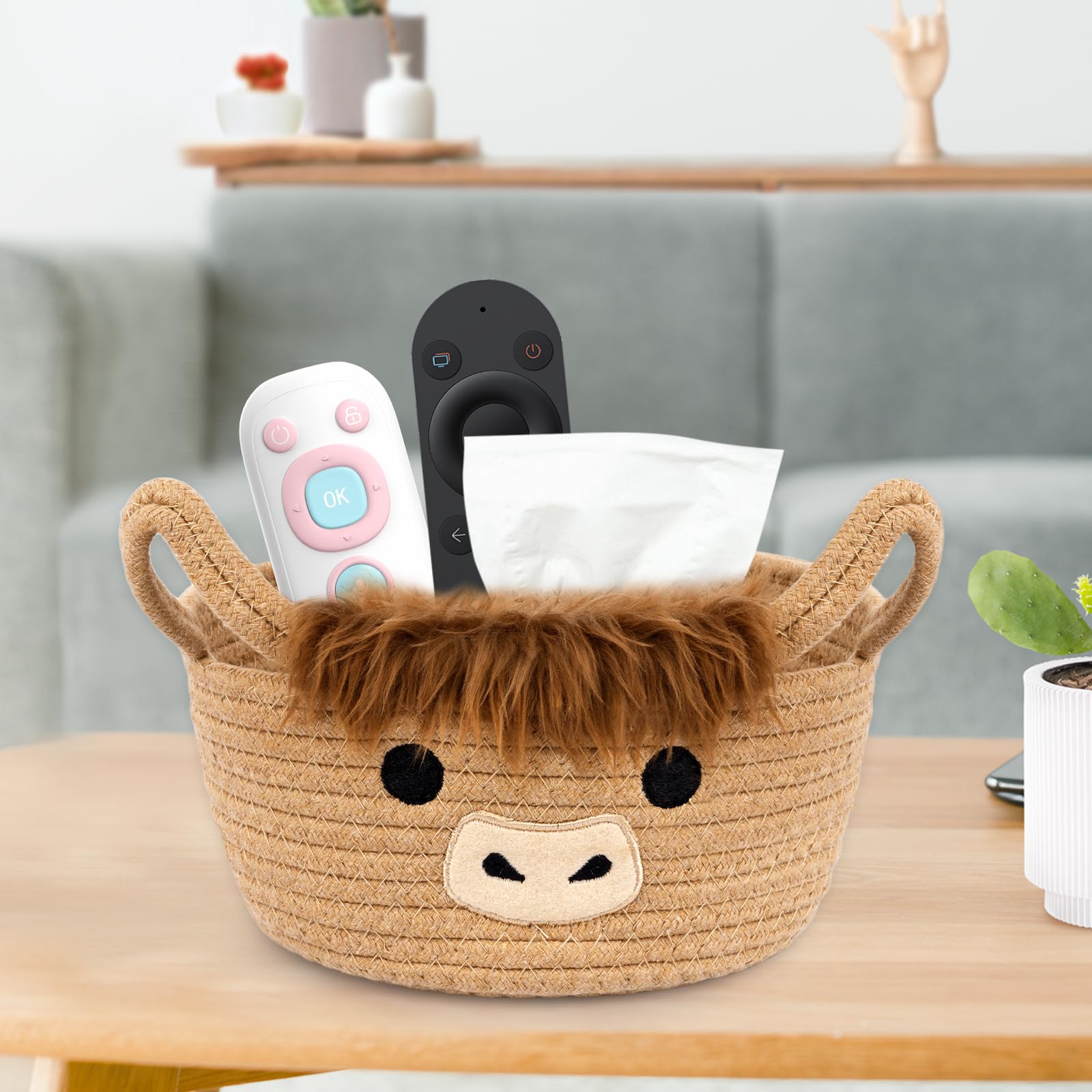 Hkojewp Highland Cow Basket features embroidered face for cute decor and storage.