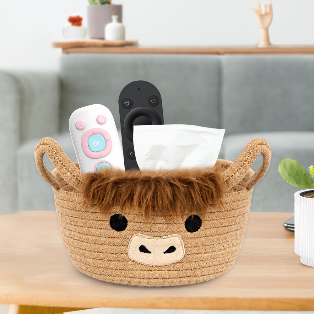Hkojewp Highland Cow Basket features embroidered face for cute decor and storage.