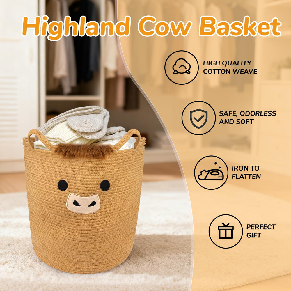 Close-up of reinforced soft handles on Hkojewp Highland Cow Basket for easy carrying