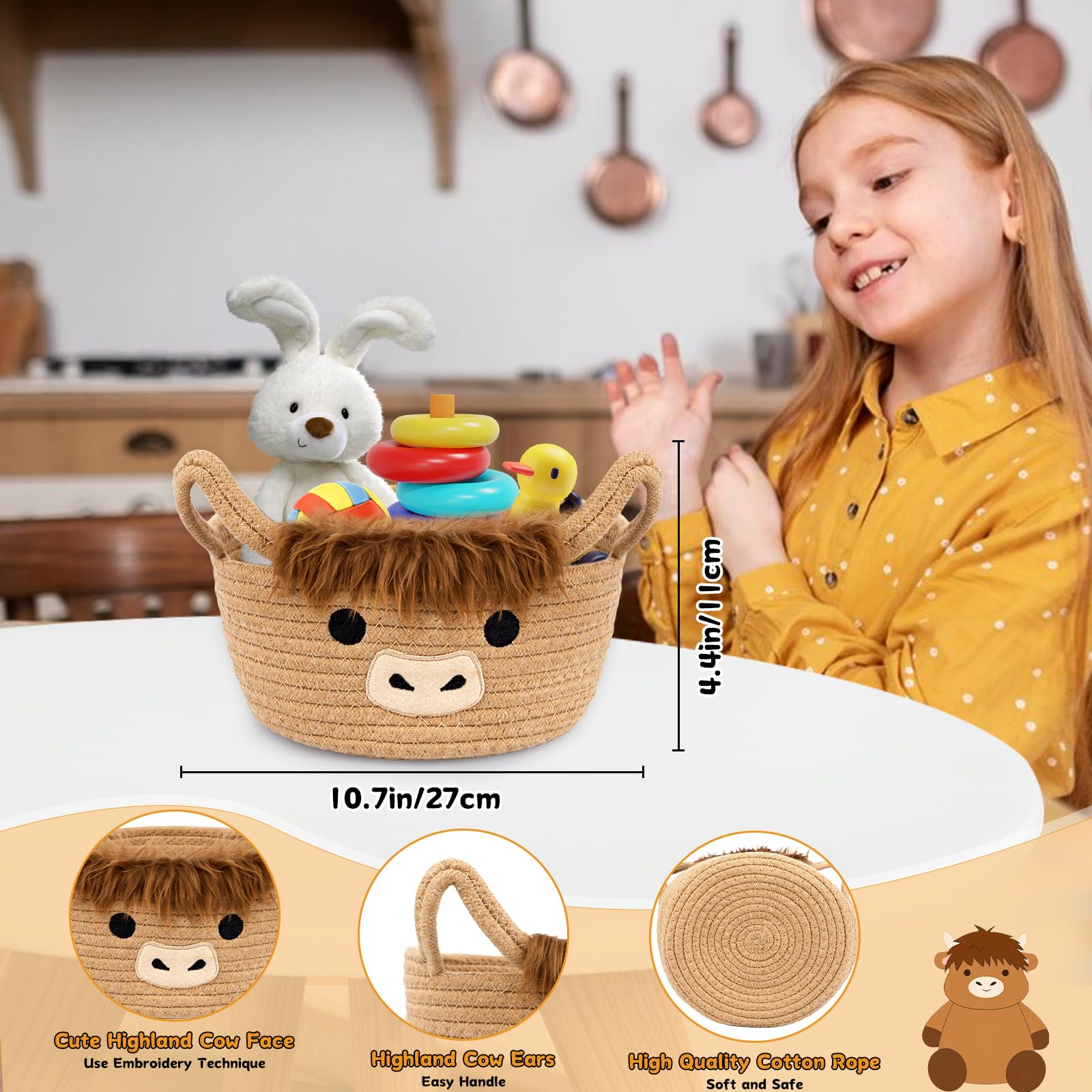 Hkojewp Highland Cow Basket made of soft cotton rope for skin-friendly organization.