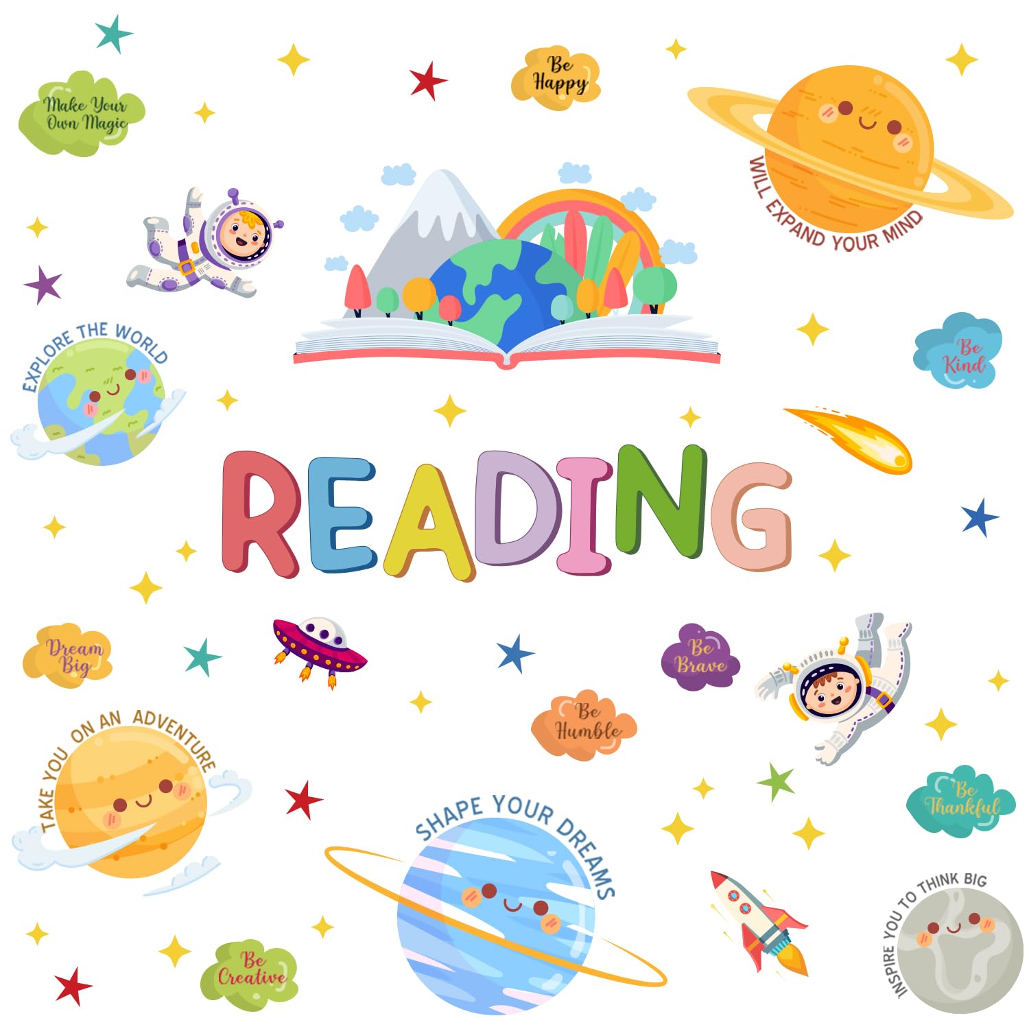 HLNIUC reading wall decor with universe planets and astronauts for a playful kids' room