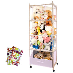 HMAZAE 64-inch stuffed animal storage tower with sturdy wooden frame for tidy plushies.