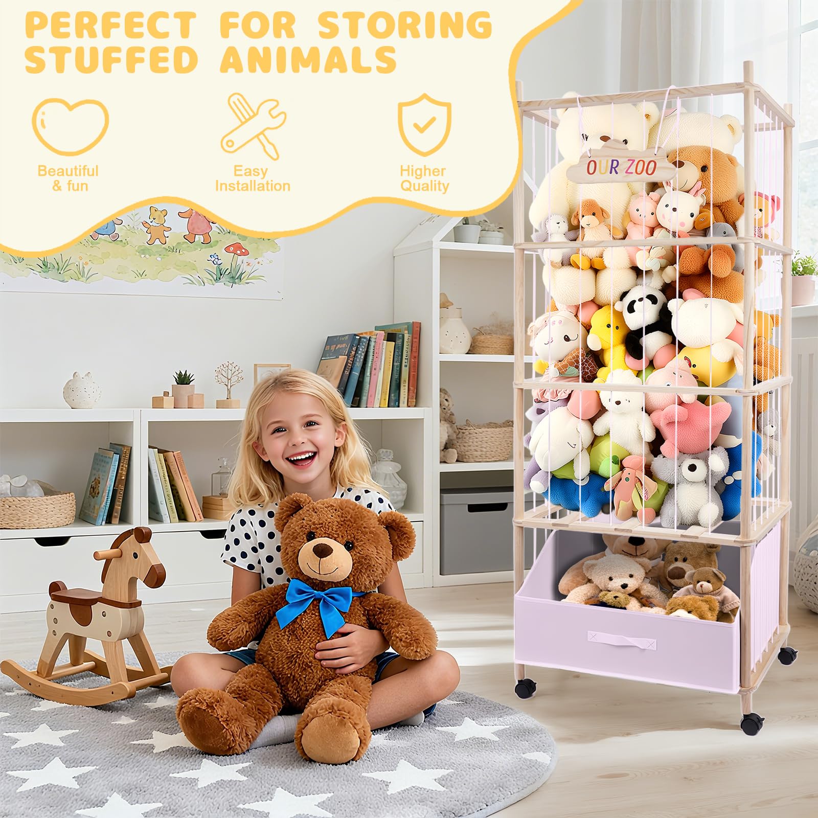 HMAZAE wheeled storage unit for easy plush cleanup in any room.