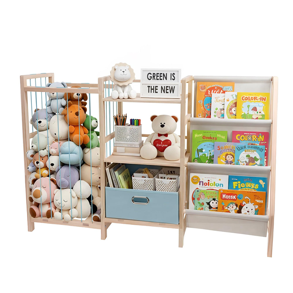 HMAZAE stuffed animal storage with bookshelf keeps plush toys organized and accessible.