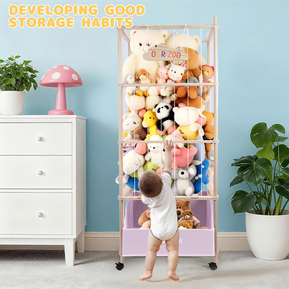 HMAZAE wooden-framed organizer designed for durable, safe toy storage.