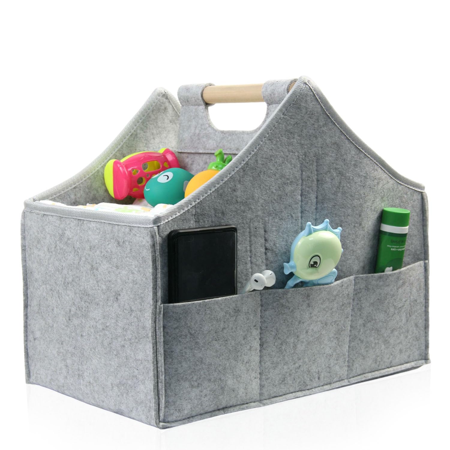 HMOSSVK diaper caddy organizer in grey with wood handle for easy nursery storage