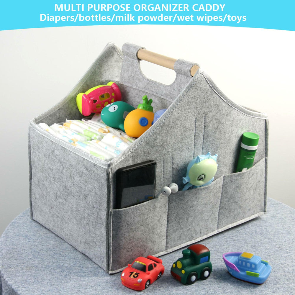 Solid wood handle on HMOSSVK diaper caddy for comfortable carrying at home or travel