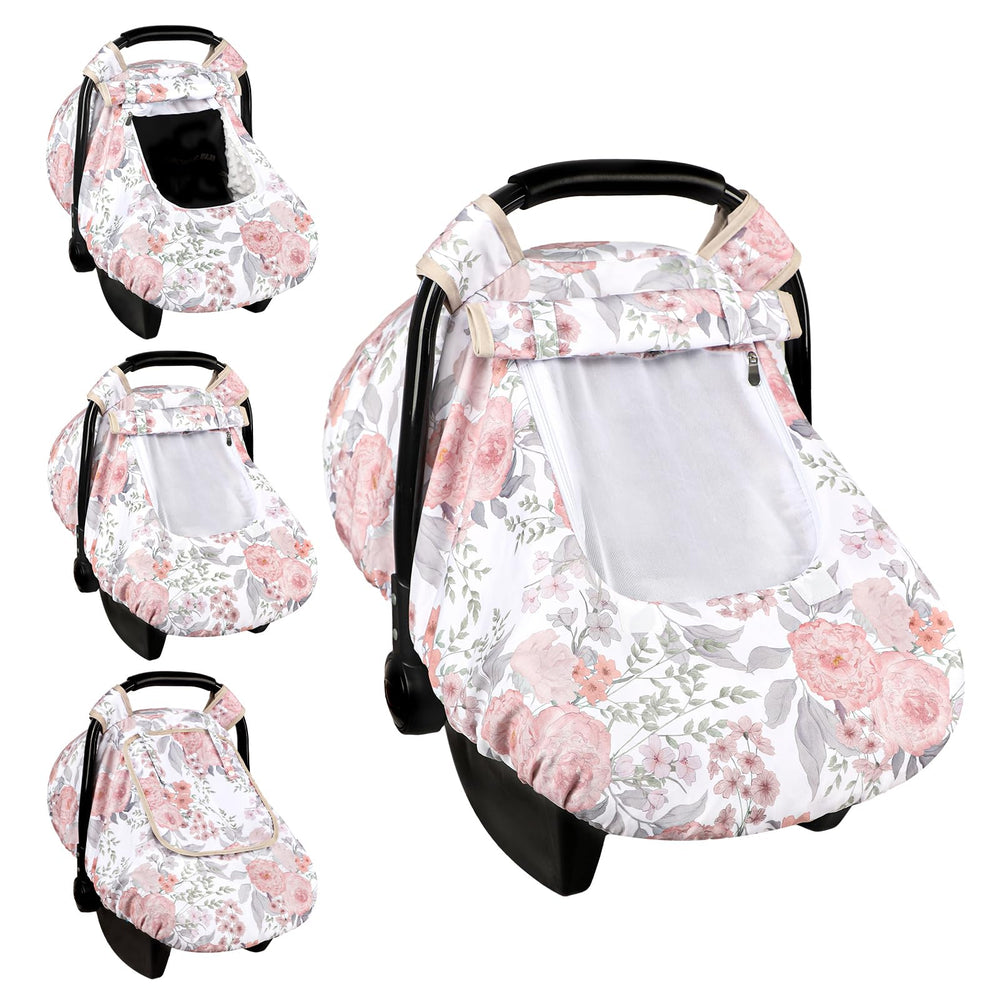 HNHUAMING car seat cover in pink floral pattern protects newborns from sun and wind