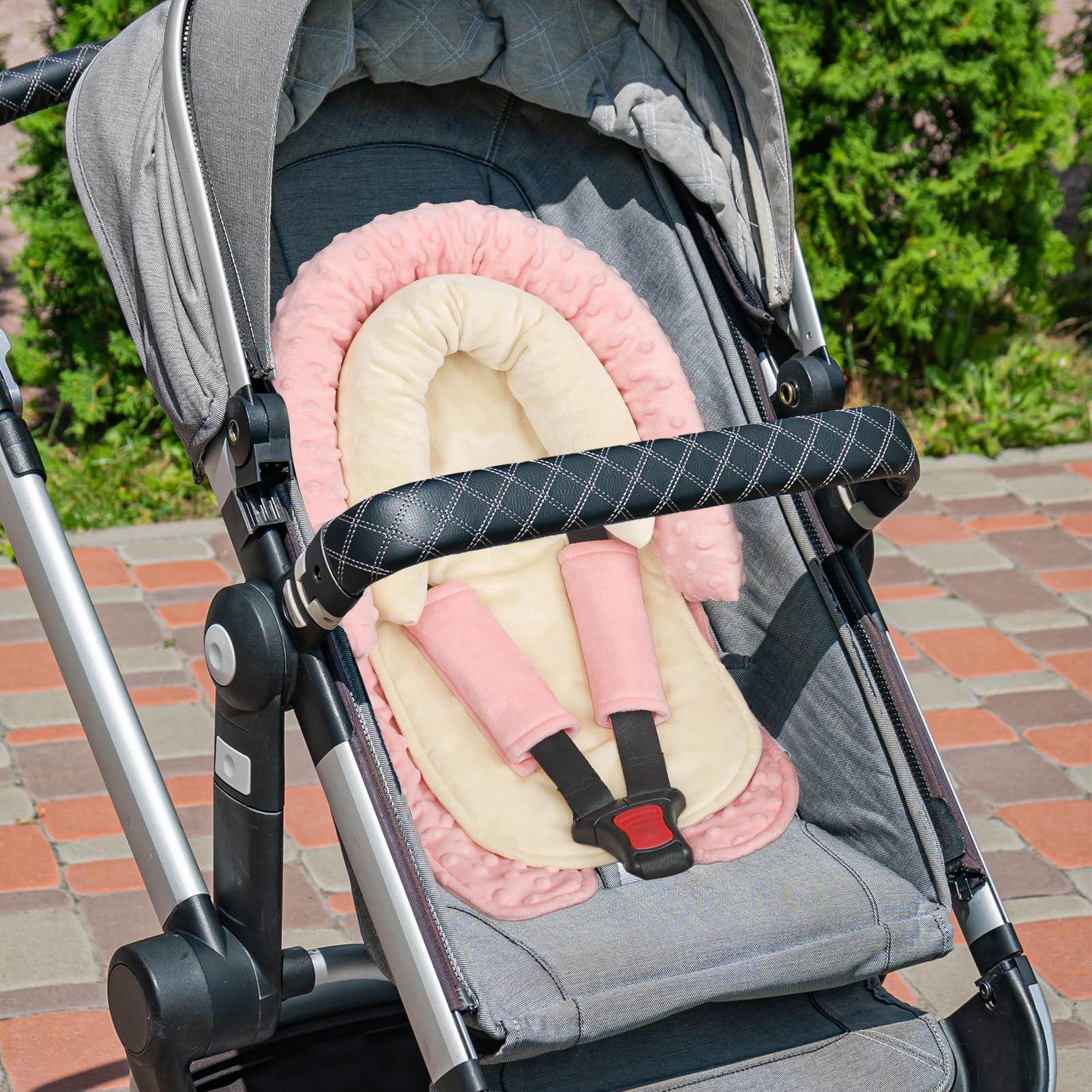 Beige color coordinates with car interiors and baby outfits for stylish travel.