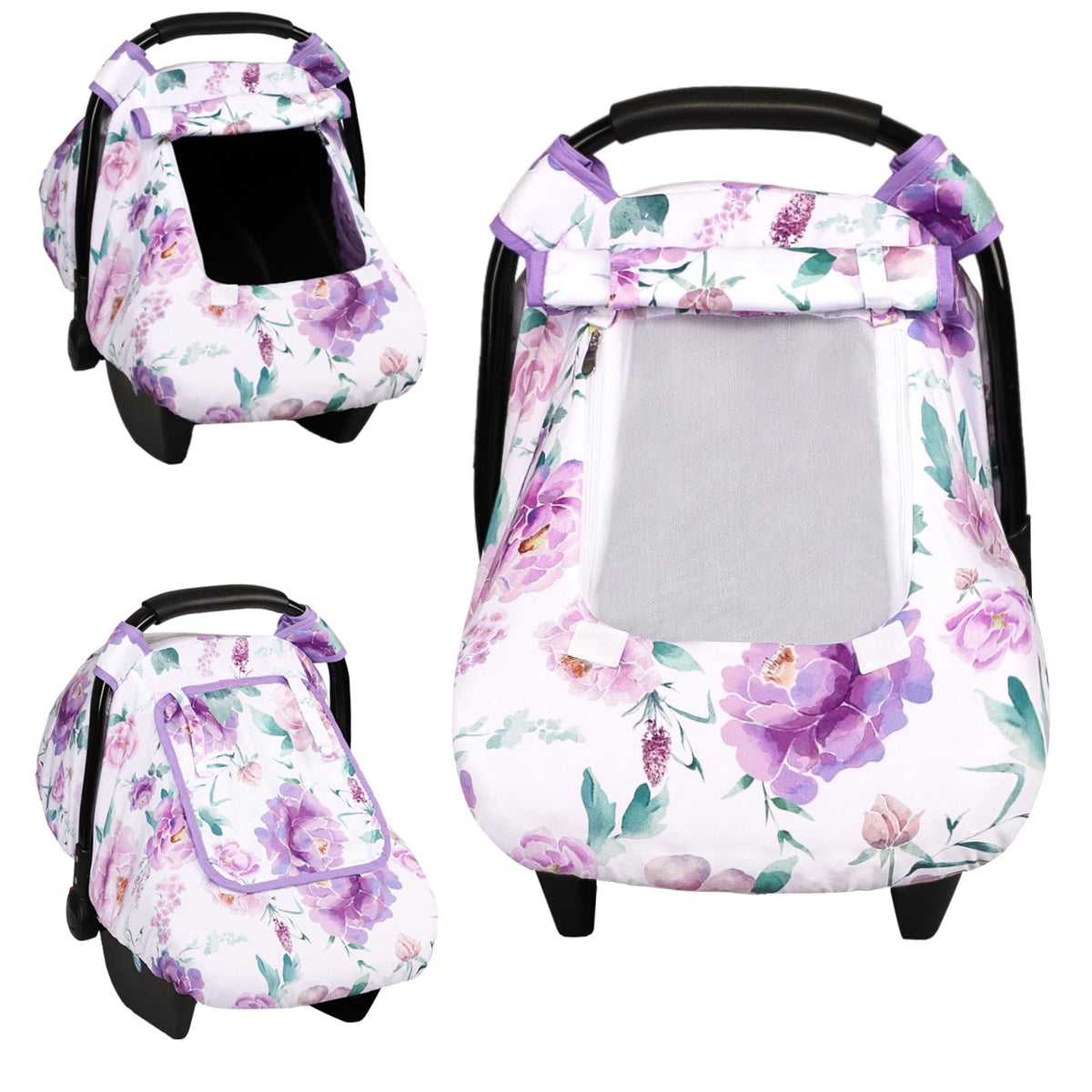HNHUAMING car seat cover in purple flower pattern protects baby from sun and wind.