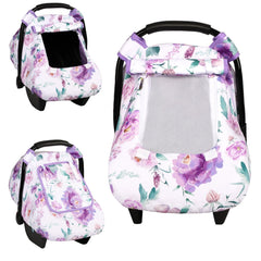 HNHUAMING car seat cover in purple flower pattern protects baby from sun and wind.