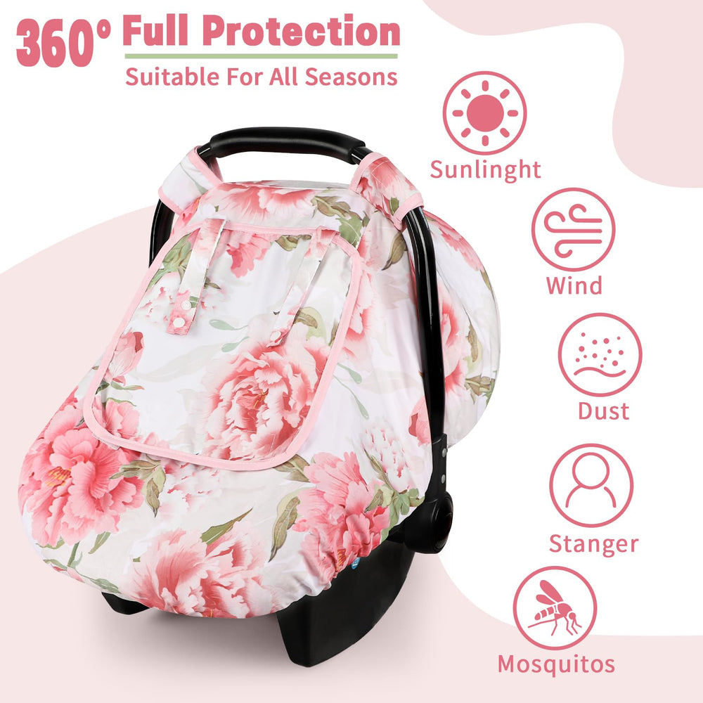 HNHUAMING pink flower car seat cover showing fabric window for privacy and wind protection.