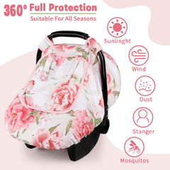 HNHUAMING pink flower car seat cover showing fabric window for privacy and wind protection.