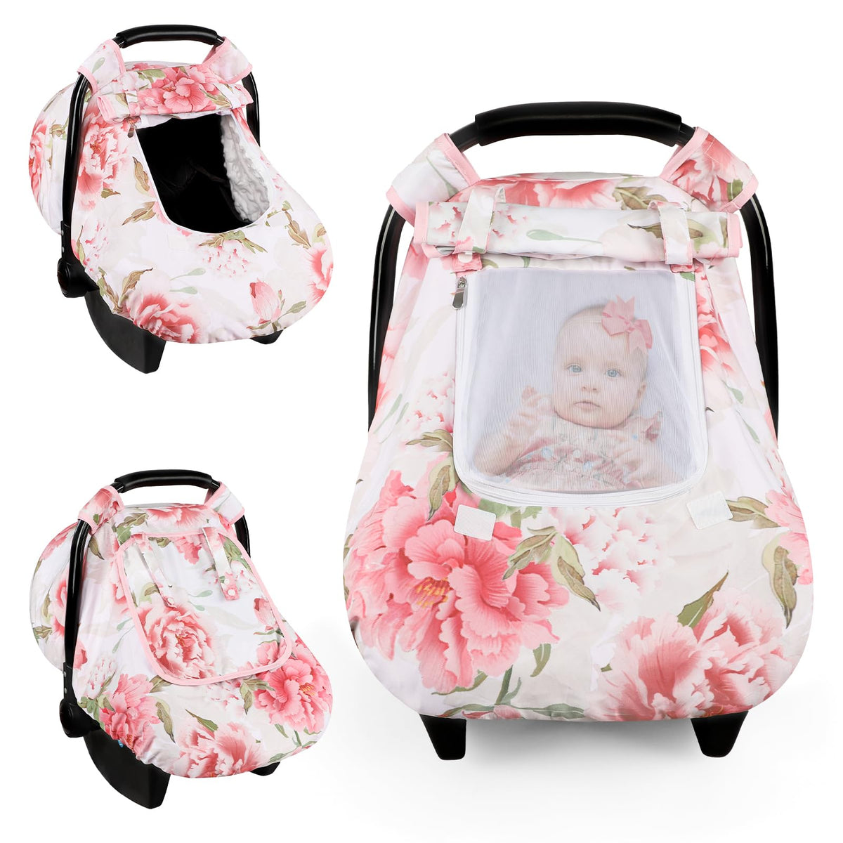 HNHUAMING pink flower car seat cover with mesh window for breathable comfort.