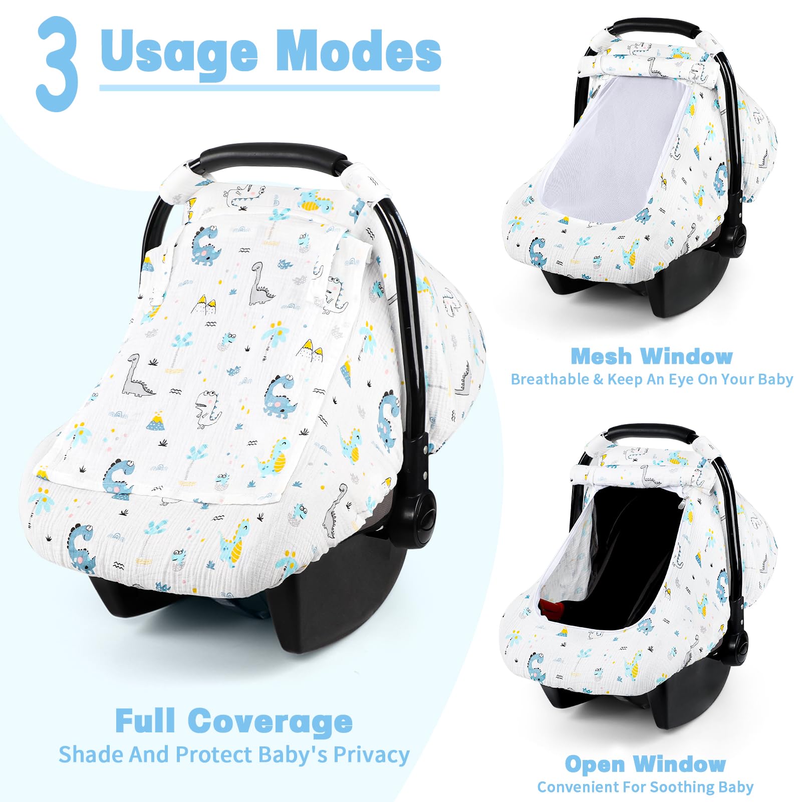 HNHUAMING Dinosaur car seat cover uses soft muslin fabric for baby comfort