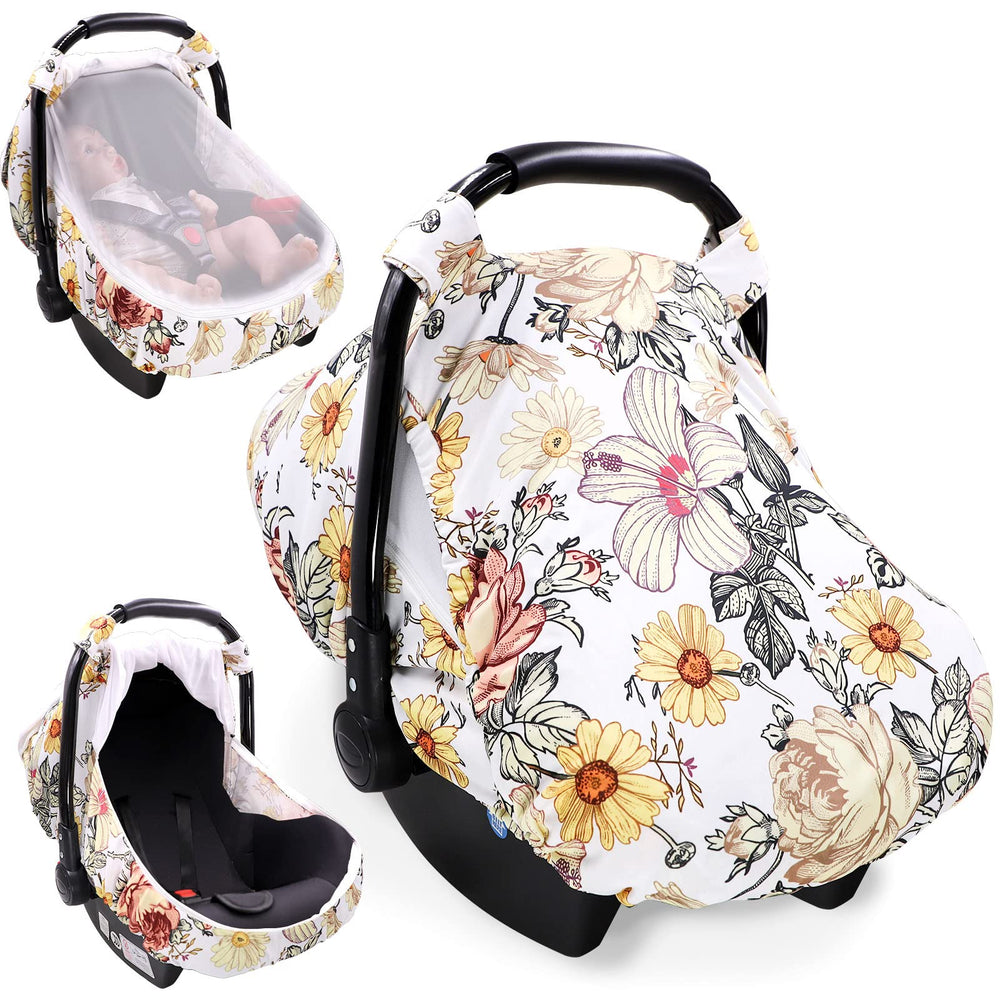 HNHUAMING floral baby car seat cover with floral design providing gentle sun protection.