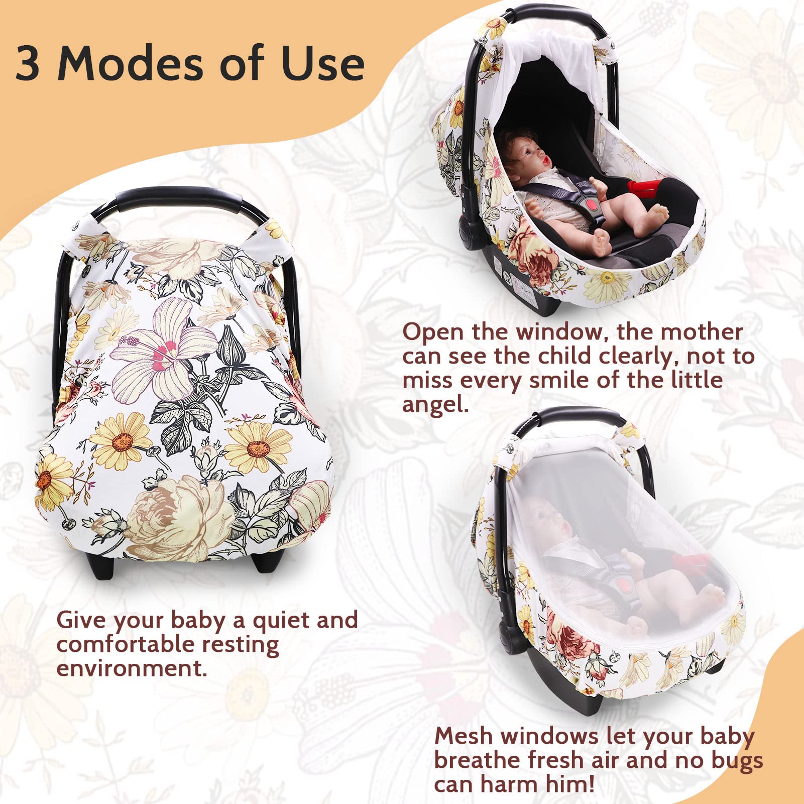 HNHUAMING floral car seat cover with zipped peep windows for easy access.