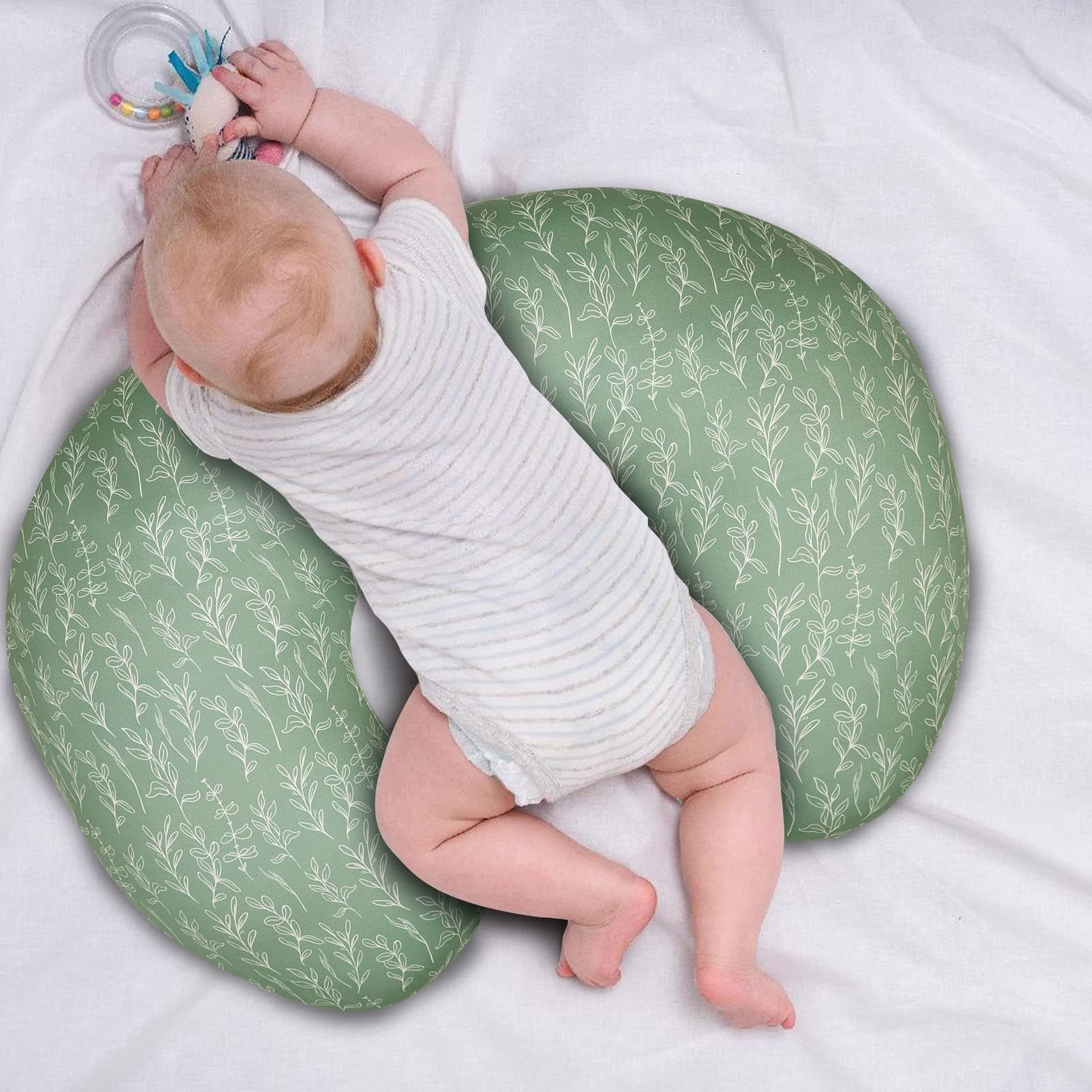 Nursing pillow cover fits 22.5 x 18 inches with a soft neutral sage design