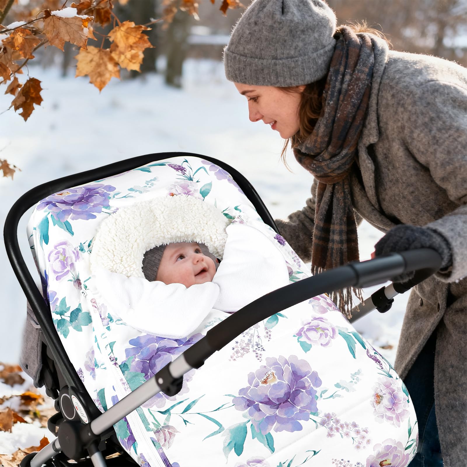 HNHUAMING infant car seat canopy provides warm shelter for naps.