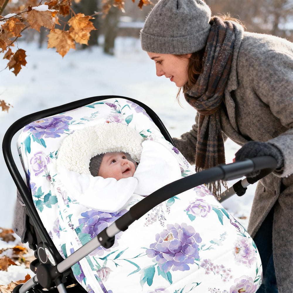 HNHUAMING infant car seat canopy provides warm shelter for naps.