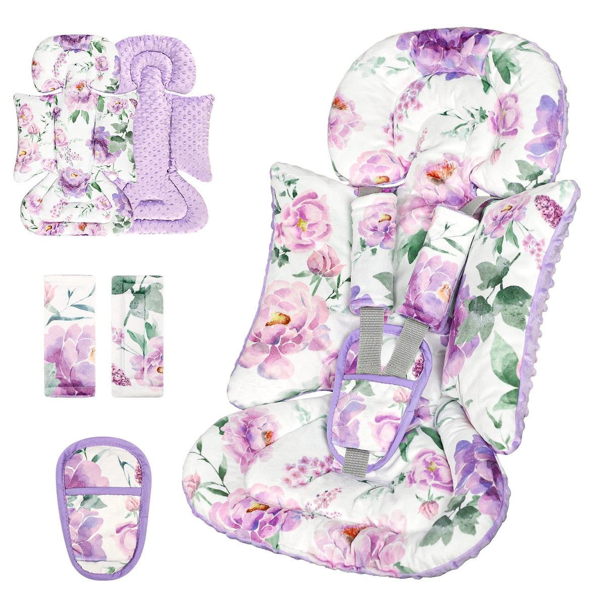 HNHUAMING infant car seat insert with purple floral pattern offers full-body comfort and versatile use.