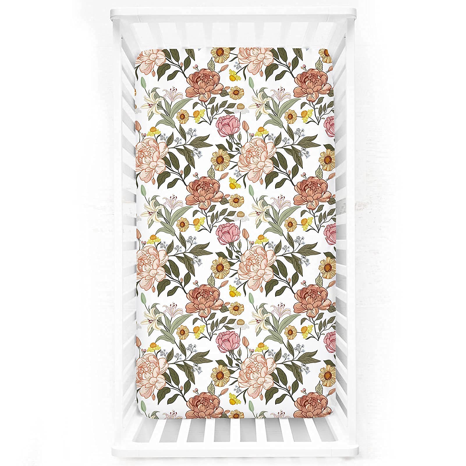 HNHUAMING neutral floral crib sheet with a 52x28 fit, soft and cozy for naps.